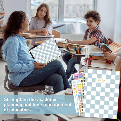 Teacher Planner 2026-2027, Jul 2026-Jun 2027 Academic Year, 8.5" x 11" Lesson Planner Book for Teacher Calendar, Spiral Bound Planners, Planning Stickers, Colorful Monthly Tabs, BlueCheckered