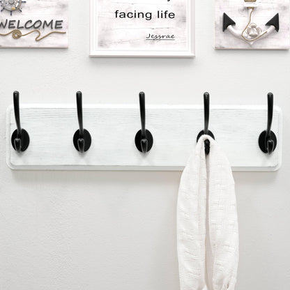 Dseap Coat Rack Wall: Patented, Heavy-Duty, 17.4" Long 5-Double-Hooks Wooden Wall Mounted Coat Rack Coat Hanger Hook Rail for Winter Coats Hat Jacket Clothing, White & Black