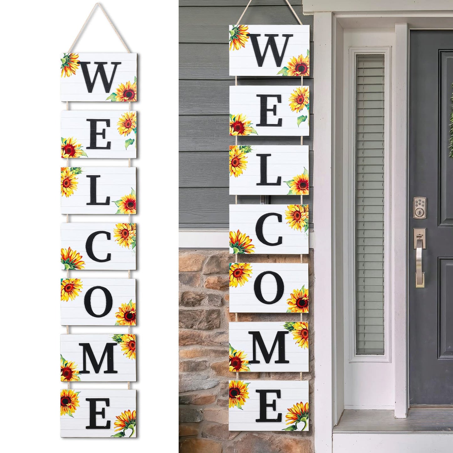 Threan 59 Inch Sunflower Welcome Signs Wooden Porch 3D Welcome Hanging Wall Rustic Wooden Signs with 7 Sunflower Panels Farmhouse Front Porch Summer Outdoor Decor Home Kitchen Garden