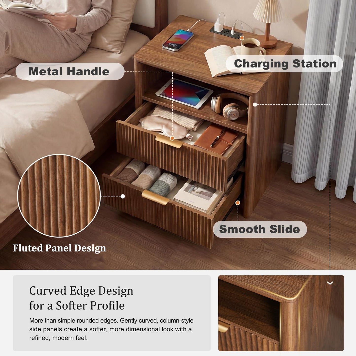 LYNCOHOME 19.7" Fluted Nightstand with Charging Station, 2 Drawer Bedside Table, Modern Night Stand with Curved Edge Design, Wooden End Table for Bedroom, Rounded Night Stand with Storage, Walnut