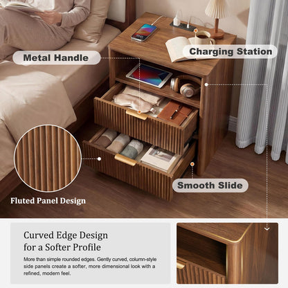 LYNCOHOME 19.7" Fluted Nightstand with Charging Station, 2 Drawer Bedside Table, Modern Night Stand with Curved Edge Design, Wooden End Table for Bedroom, Rounded Night Stand with Storage, Walnut