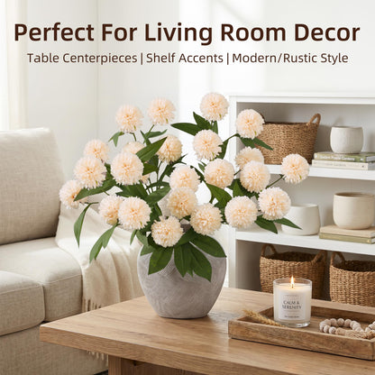 6 Pcs Artificial Pompon Mums, 27" Long Floral Faux Silk Flowers for Vase, Fake Chrysanth Branches with Stems for Indoor Home Table Decor, DIY Bouquet Centerpieces Decorations, Beige