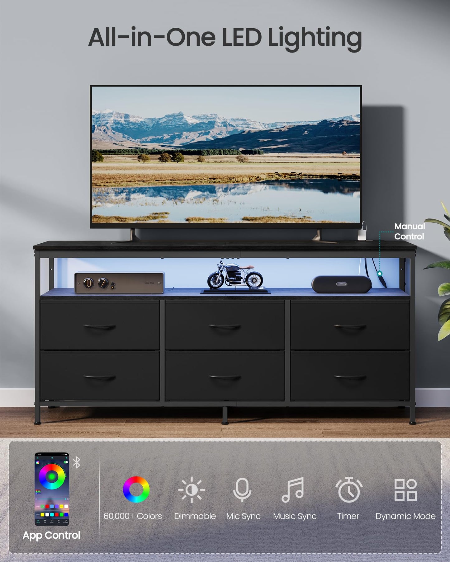SONGMICS BELLAH Collection - Dresser for Bedroom, Chest of Drawers, TV Stand for TVs Up to 65 Inches, Living Room, Closet, 6 Drawers and 1 Shelf, Modern, Ink Black ULGS834BH02S