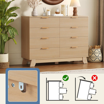 DUMOS Fluted 8 Drawer Dresser for Bedroom, 43.3" Wide Modern Chest of Drawers with Gold Metal Handles, Wooden Dresser TV Stand, Storage Organizer Unit for Living Room, Hallway, Natural Oak