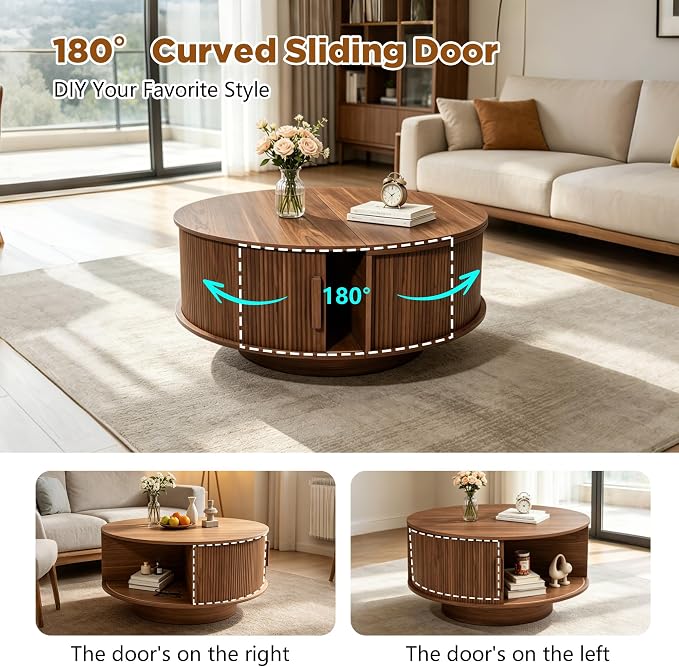 Round Lift Top Coffee Table, Mid Century Modern Fluted Circle Coffee Table with Hidden Storage Compartment, Wooden Center Table with Open Shelf for Living Room, Small Space, Walnut