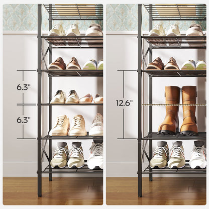 YATINEY 10 Tier Shoe Rack and 4 Tier Shoe Rack, Large Capacity Shoe Storage Organizer, Metal Shoe Shelf with Drawer and Wooden Top, for 16 Pairs of Shoes, for Entryway, Closet SS10BCG1-SS24BR