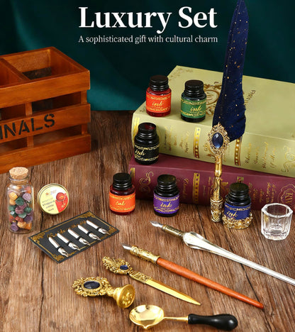 Calligraphy Pen Set Feather Pen & Ink Kit with Glass Pen and Wax Seal Stamp | For Beginners & Writing Enthusiasts | Valentine's Day Easter Anniversary Birthday Gift