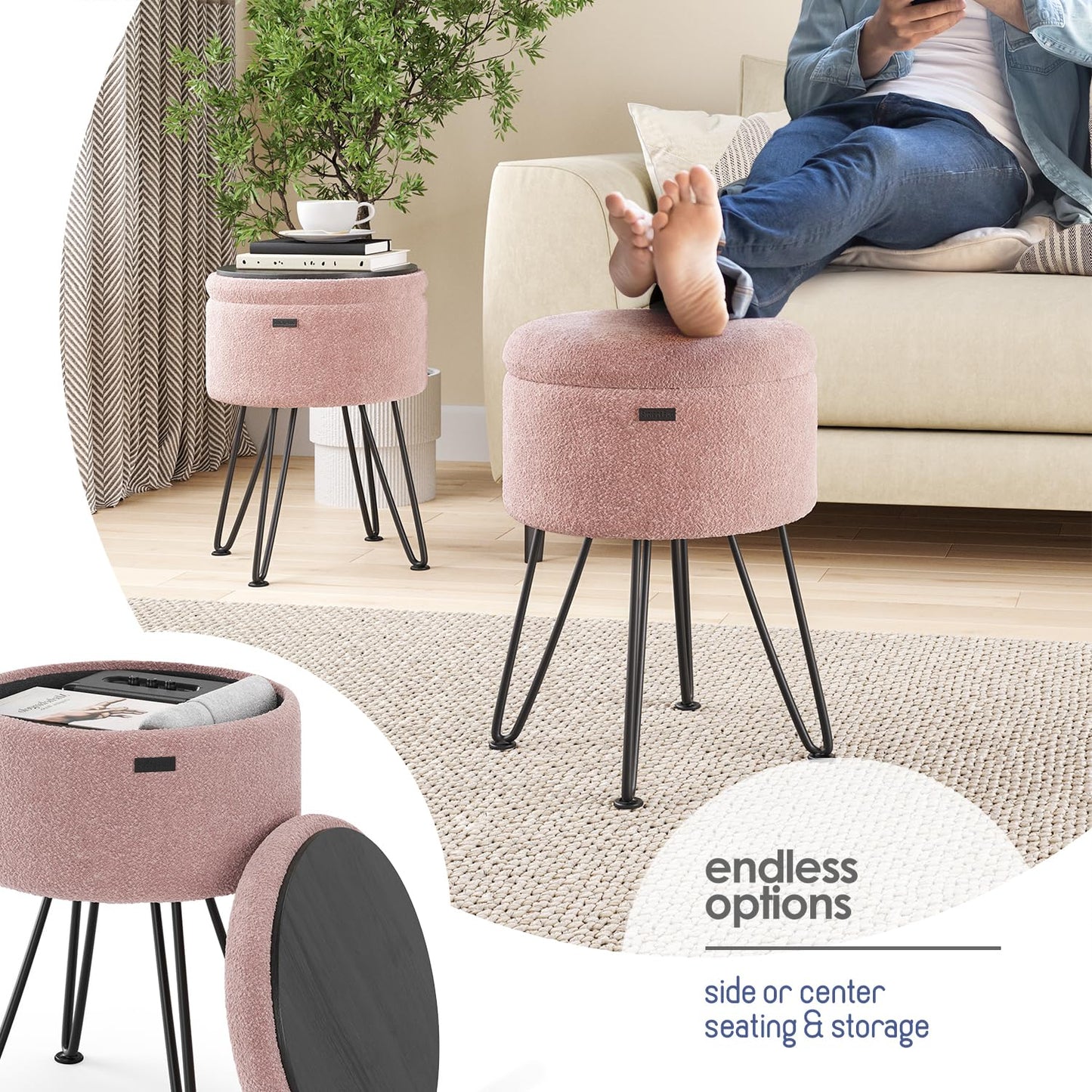 STORAGEBUD Round Ottoman with Storage, Boucle Storage Ottoman, Foot Stool Ottomans, Makeup Vanity Stool, Small Ottomans Foot Rest, Modern Vanity Stools for Living Room and Bedroom, Pink