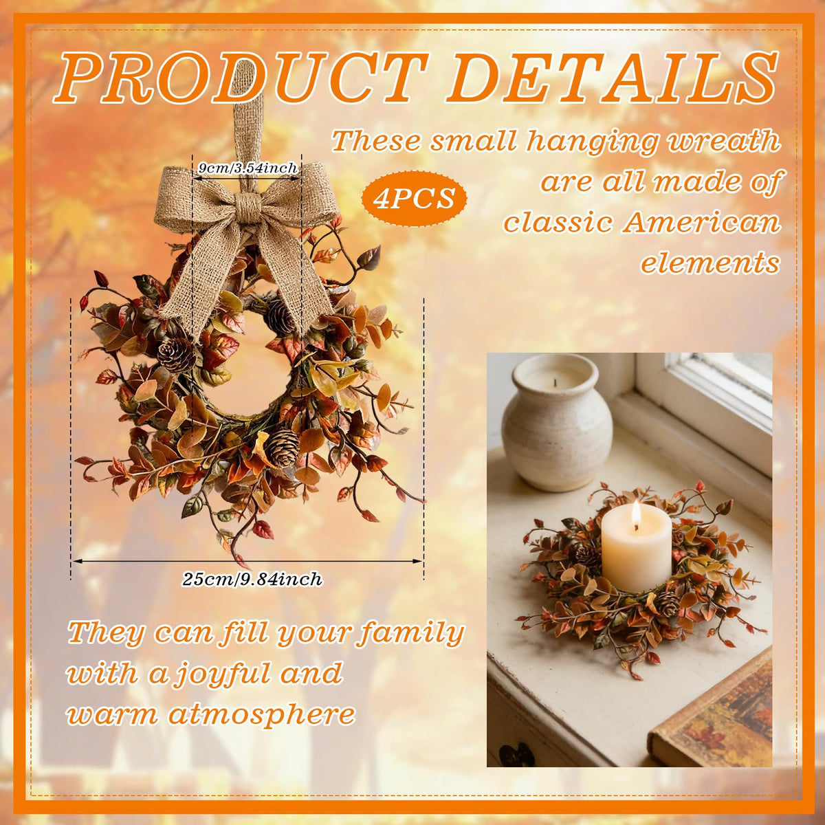 4 Pcs Mini Fall Candle Ring Wreaths Autumn Pinecones Mixed Foliage Artificial Pillar Candle Holder Wreath for Farmhouse Thanksgiving Harvest Porch Front Door Cabinets Table Decoration