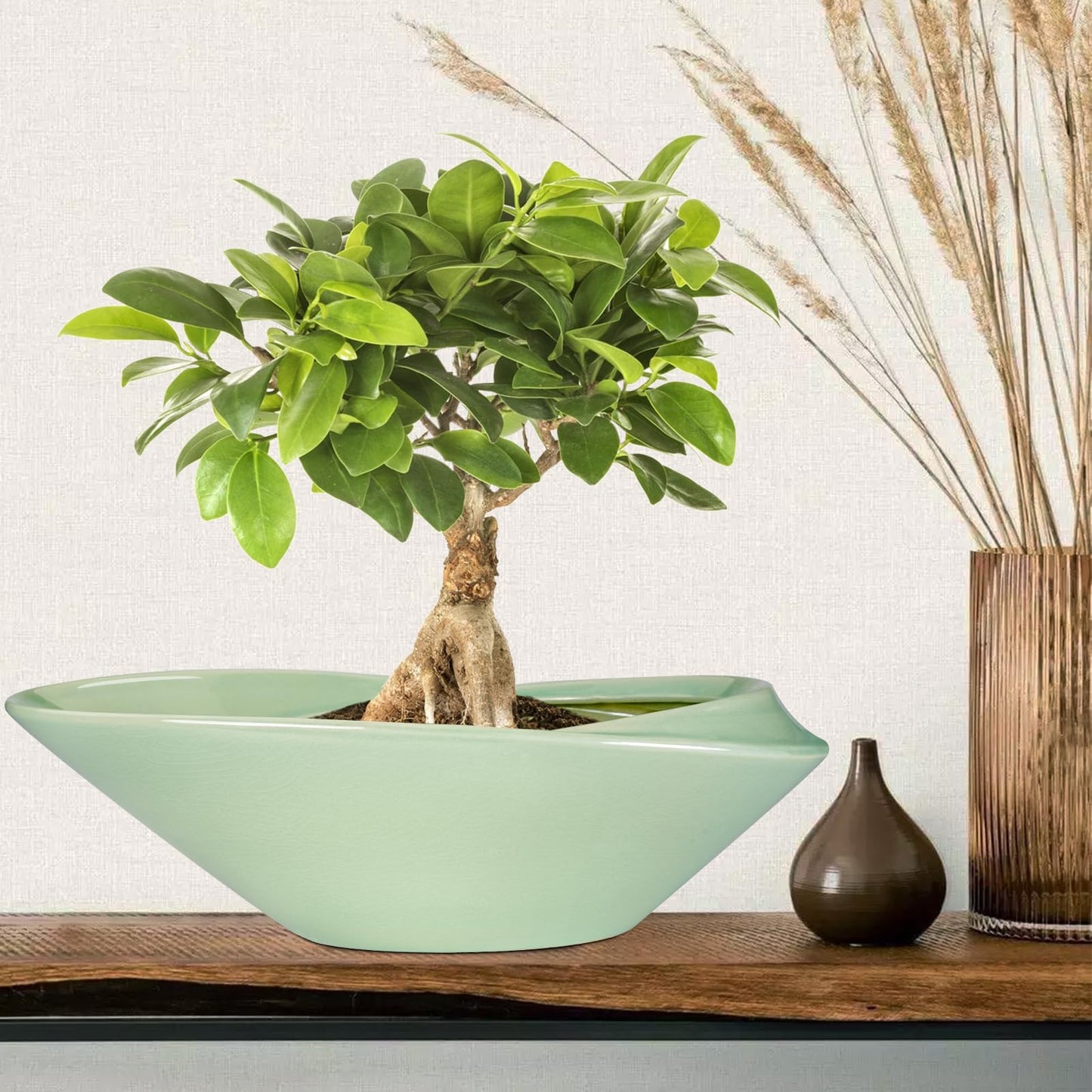 EPFamily Ceramic Bonsai Pot - 18 Inch Planter with Drainage Hole Large Modern Bonsai Planter Decorative Succulent Flower Plant Pot for Indoor Plants Outdoor Green