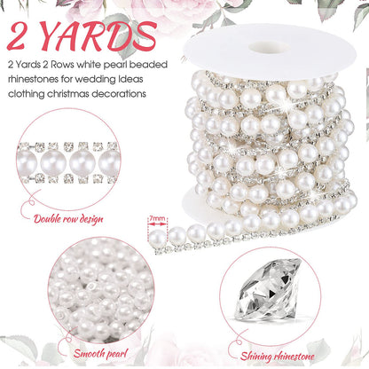 2 Yards Rhinestone Trim Pearls and Diamonds Crystal Chain Rhinestones Pearl Chain for Craft Rhinestone and Pearl Trim Applique Pearl Beaded Rhinestone Bridal Embellishments for Wedding (Classic Style)