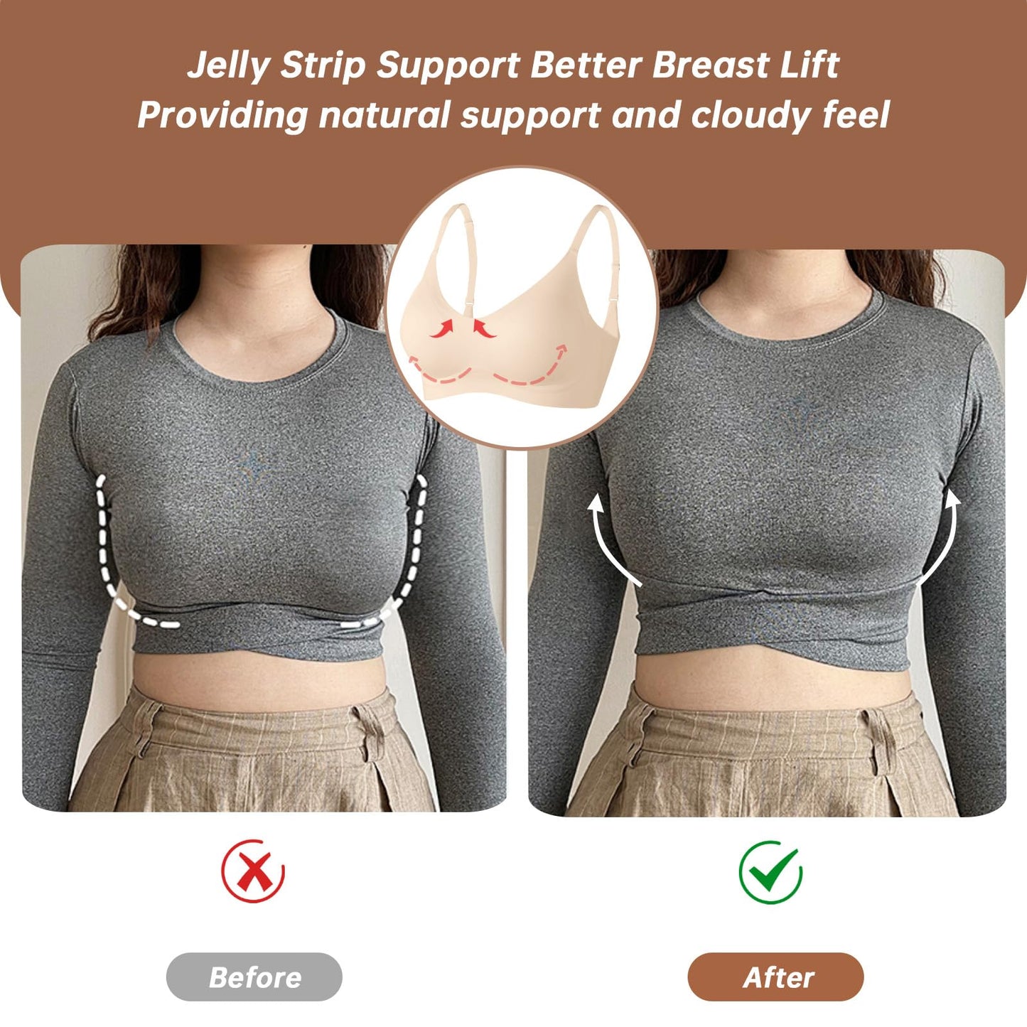 OEAK Womens Wireless Bras Comfortable Push Up Bra No Underwire Bra Full Support Lift Bralette Everyday Seamless Tshirt Bras Small Beige
