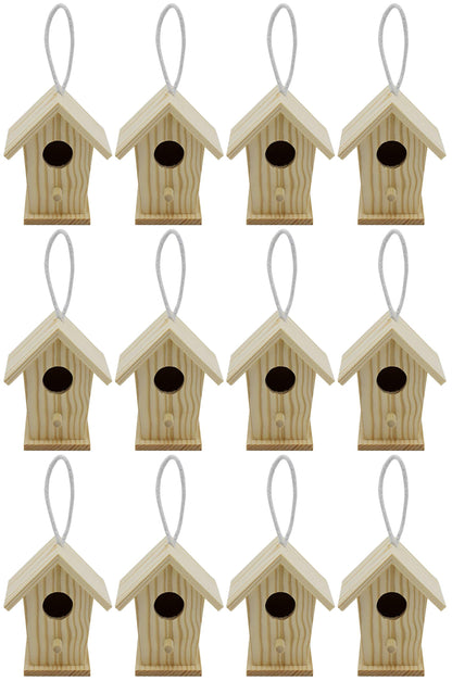 Creative Hobbies 12-Pack of Mini Wooden Bird Houses to Paint, with Hanging Cords, Unfinished DIY Design Your Own Great for Crafts, Weddings, Bible Camp and More!