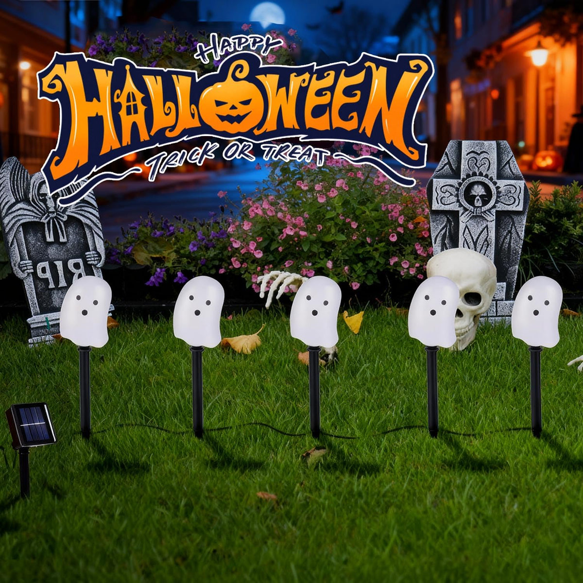 Halloween Solar Lights for Outdoor Decorations, 5 Pack Ghost Pathway Lights, Solar Ghost Lights for Garden, Yard, Party Halloween Decor（Dull）