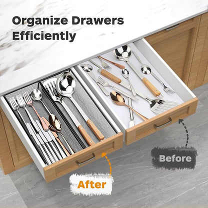 Smgmg Silverware Drawer Organizer, Silverware Organizer for Drawer, 2 Pack 14.7" X 6.1" X 2" Utensil Organizer for Kitchen Drawers, Kitchen Drawer Organizer for Large Utensils with Interlocking Arm