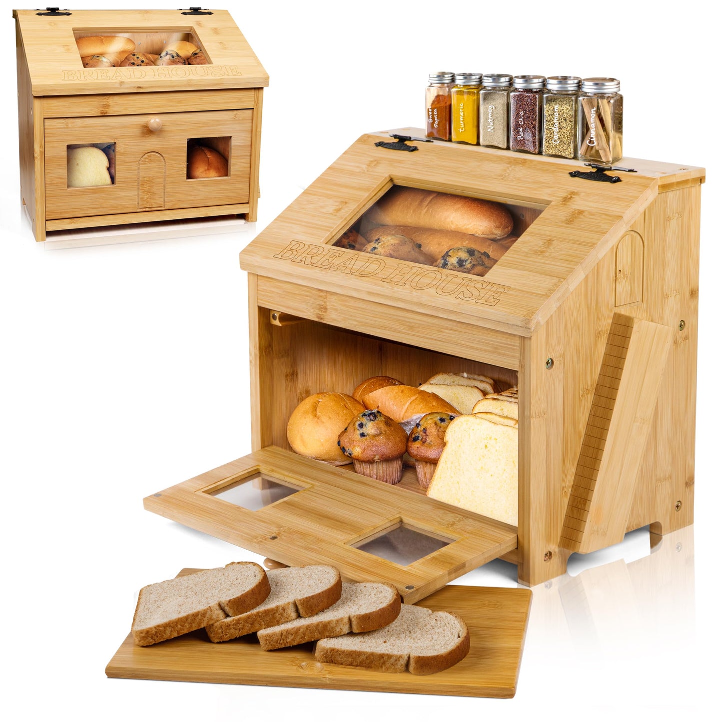 3J2 Discoveries Bread Box for Kitchen Countertop – Large Wooden Bamboo Bread Box with Cutting Board (SELF-ASSEMBLY)