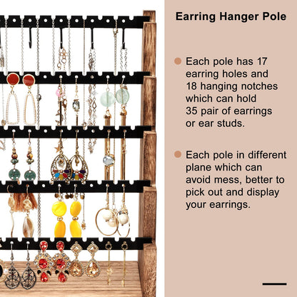 Pinzoveco Earring Organizer, 5 Layer Earring Holder Organizer with Necklace Holder Pole, Rustic Wood Jewelry Organizer Stand Display for Stud Earring Bracelet Necklace Ring, 175 Earring Holes