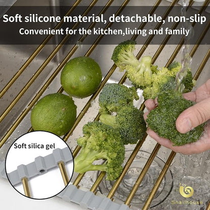 Snailhouse Roll Up Dish Drying Rack, Stainless Steel Dish Drainer Over The Sink with Anti-Slip Silicone for Kitchen Counter, Gold (17.8 x 11.8 in) | Stainless Steel Dish Drainer Over the Sink with Anti-Slip Silicone