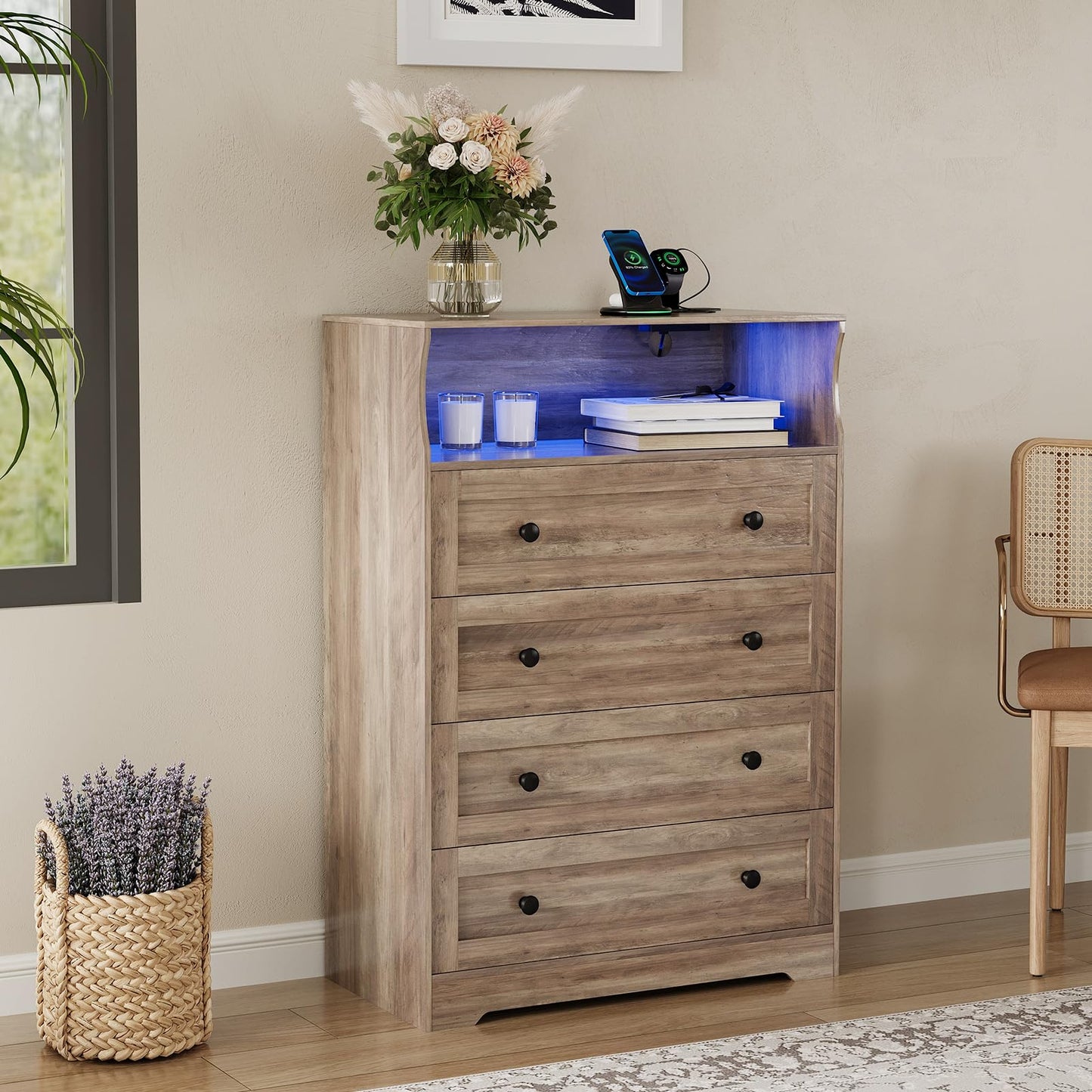 GarveeHome Tall Dressers with 4 Drawer Storage and LED Lights, Gray Wood Chest of Drawers with Charging Station for Bedroom, Living Room, Closet, Hallway, Wooden Nightstand Dresser for Bedside
