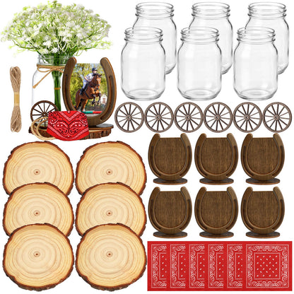 Bucherry 6 Sets Western Cowboy Centerpieces for Table Wild Cowgirl Rodeo Party Decorations with Wood Chips Wheels Mason Bouquets Ropes Horseshoe Headscarves for Wedding Party Birthday Decor(Classic)