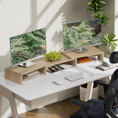 FITUEYES Dual Monitor Stand – 3 Shelf Computer Monitor Riser, Wood Desktop Stand with Adjustable Length and Angle, Desk Accessories, Office Supplies Medium Oak, DT108006WO