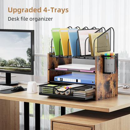 Marbrasse Desk Organizer with Drawer, 4-Tier Wooden File Organizer with 5 Vertical File Holders and 2 Pen Holders, Desk Organizers and Accessories for Home Office - Dark Brown