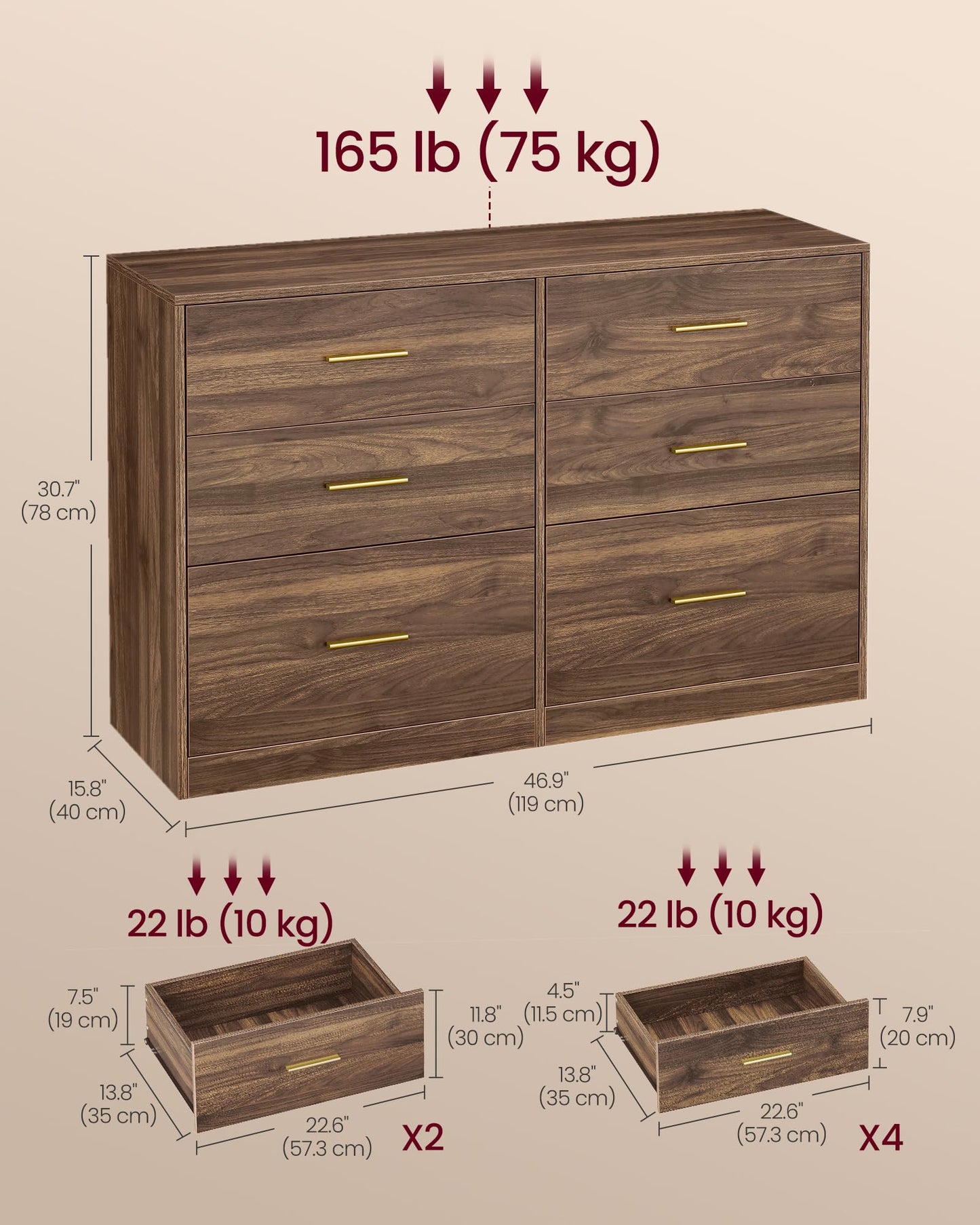 VASAGLE Custos Collection - Dresser for Bedroom, Chest of Drawers for Closet, Modern Style, TV Stand for Living Room, 6 Drawers, 15.8 x 46.9 x 30.7 Inches, Walnut Brown ULTS416KE01S