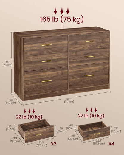 VASAGLE Custos Collection - Dresser for Bedroom, Chest of Drawers for Closet, Modern Style, TV Stand for Living Room, 6 Drawers, 15.8 x 46.9 x 30.7 Inches, Walnut Brown ULTS416KE01S