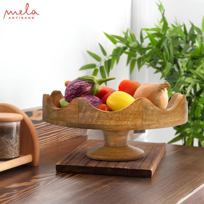 Mela Artisans 12 in Wide x 4 in Tall Mango Wood Footed Bowl – Hand-Carved Scalloped Decorative Serving and Fruit Pedestal Bowl for Kitchen Counter, Snacks, Bread and Home Decor