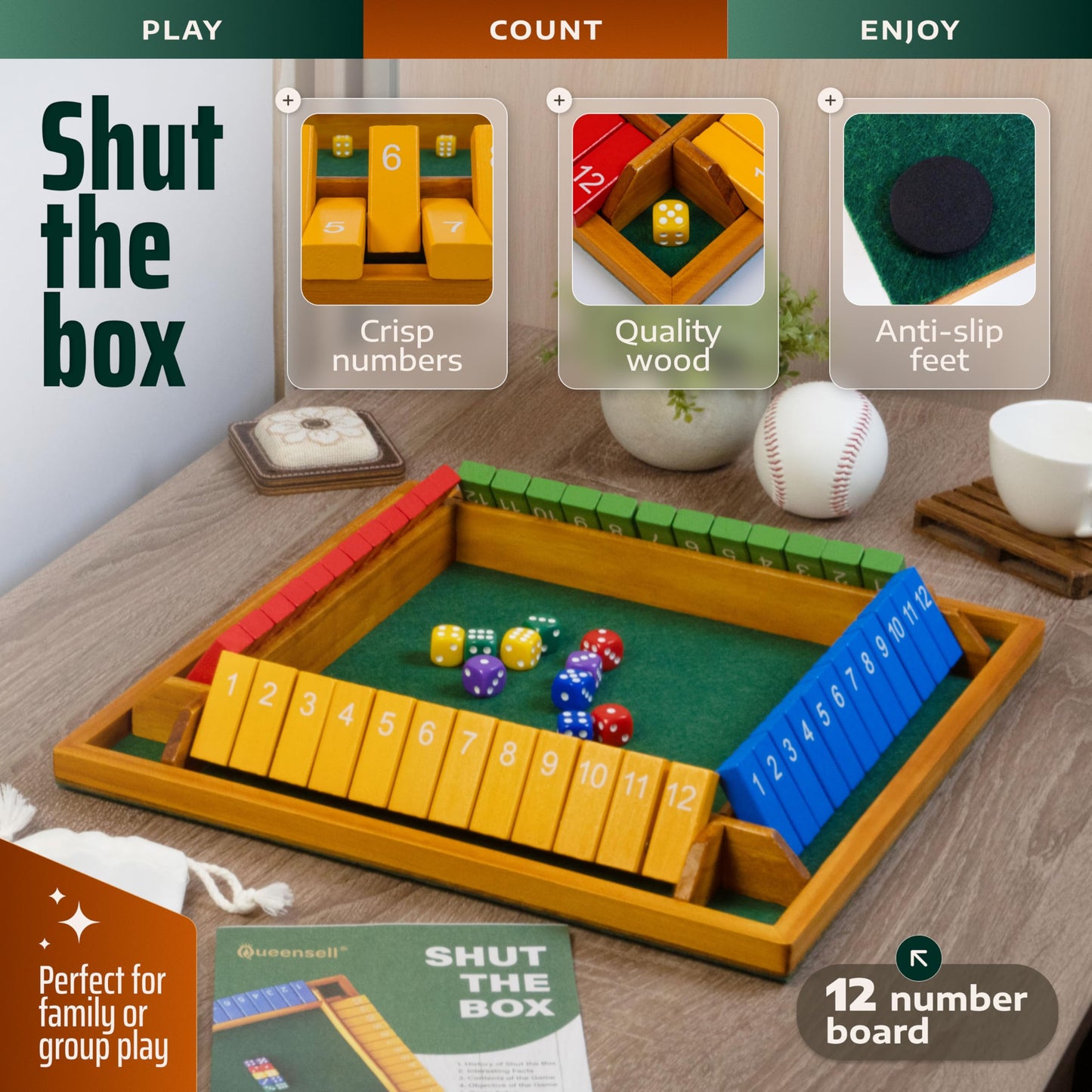 Large Shut The Box Game Wooden for 4 Players - Math Games -Family Games for Kids and Adults - 14-inch Close The Box Game 12 Numbers - Family Board Games