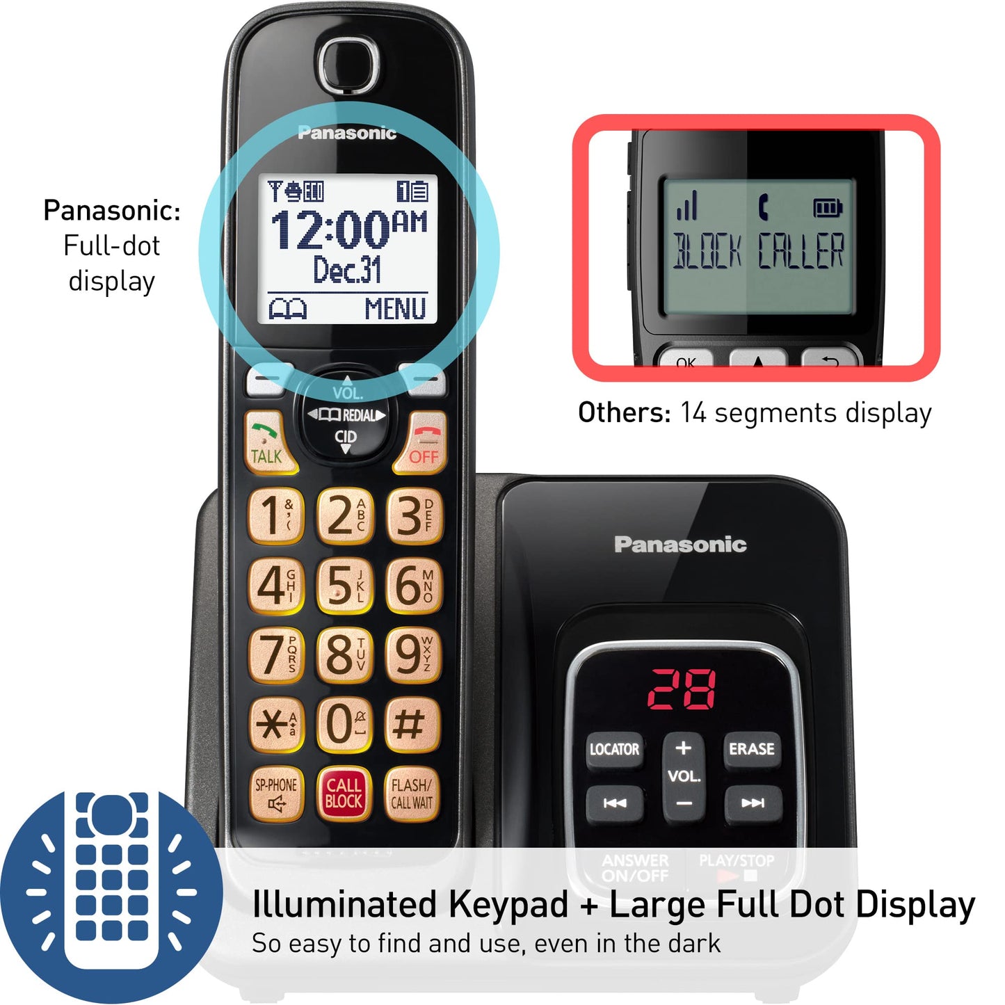 Panasonic Cordless Phone with Answering Machine, Advanced Call Block, Bilingual Caller ID and High-Contrast Display, Expandable System with 1 Handset Cordless Telephone - KX-TGD830M (Metallic Black)