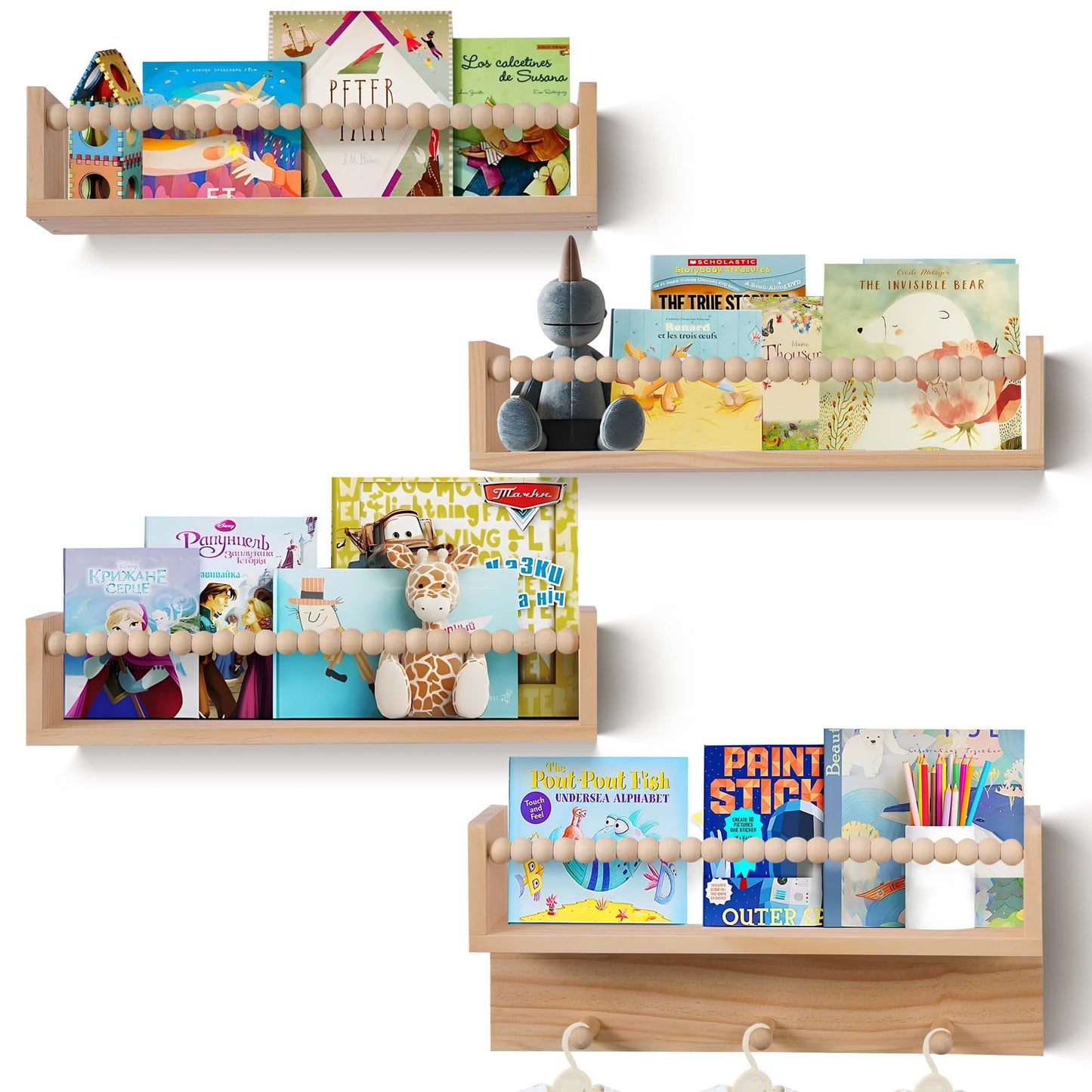 BOMID Wall Bookshelves,Set of 4 Natural Wood Floating Bookshelf,Nursery Shelves,Floating Book Shelves for Wall(Burlywood)