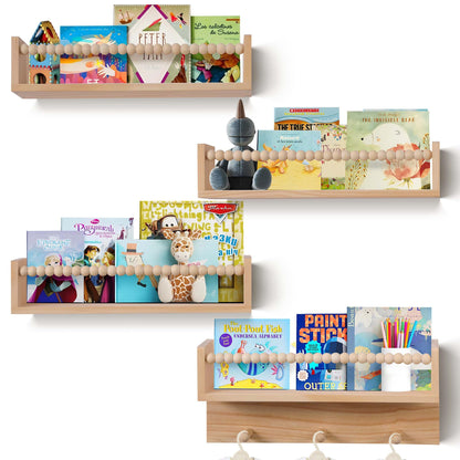 BOMID Wall Bookshelves,Set of 4 Natural Wood Floating Bookshelf,Nursery Shelves,Floating Book Shelves for Wall(Burlywood)