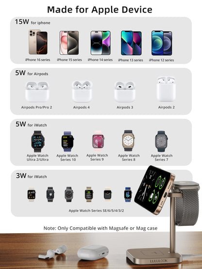 [Qi2 Certified ] LULULOOK 3 in 1 Charging Station with MagSafe, 15W QI2 Wireless Charger Stand Magnetic Charger for iPhone 17/16/15/14/13/12 Series, AirPods Pro/3/4, Apple Watch with 30W PD Adapter