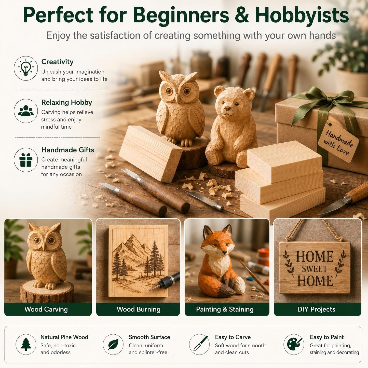 Unfinished Wood Blocks for Crafting, 3X5X1 Inch Wood Carving Blocks, 4 Pcs Solid Pine Wood Blocks for Craft DIY Wood Carving Painting Wall Decorations for Beginners and Adults
