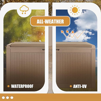 Devoko 100 Gallon Waterproof Large Resin Deck Box Outdoor Storage Box Indoor Lockable Storage Container with Cushion for Patio Furniture Garden Pool Cushions (Light Brown)