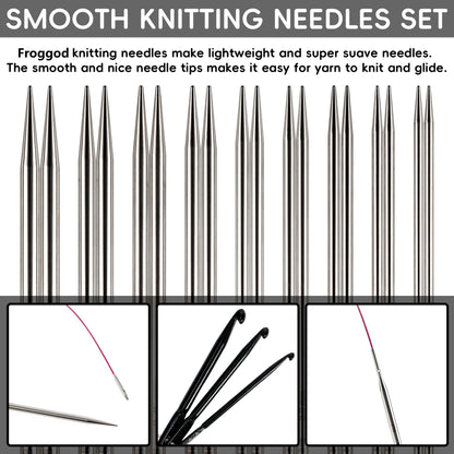 Froggod 5-Inch Aluminum Lace Interchangeable Circular Knitting Needle Set, Sizes US 0, 1, 2, 3, 4, 5, 6, 7, 8 Interchangeable Knitting Needles Lace-Tip with 4 Assorted Cables with Project Bag