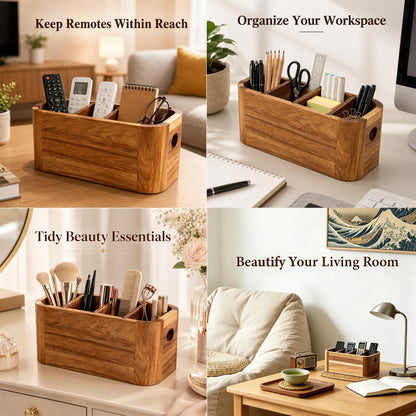 LEEBICHEN Acacia Wood Remote Control Holder, TV Remote Holder - 4 Compartment Remote Control Storage Organizer, Small Wooden Desktop Caddy for Coffee Table, Nightstand, Living Room, Office, Vanity