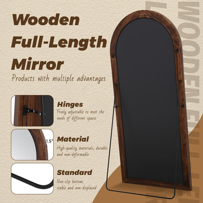Antok Full Length Mirror with Solid Wood Frame, 76"×34" Wall Mounted Oversized Floor Mirror with Stand, Leaning Standing Hanging for Bedroom Living Room Entryway, Walnut, Arched Syle