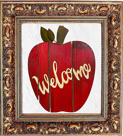 STC World Apple Welcome Wall Door Room Decor Hanging Wooden Art Home Office Indoor Outdoor (Red Apple Welcome)