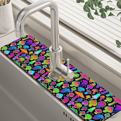 Bright Psychedelic Mushroom Kitchen Sink Splash Guard Mat Absorbent Fast Drying