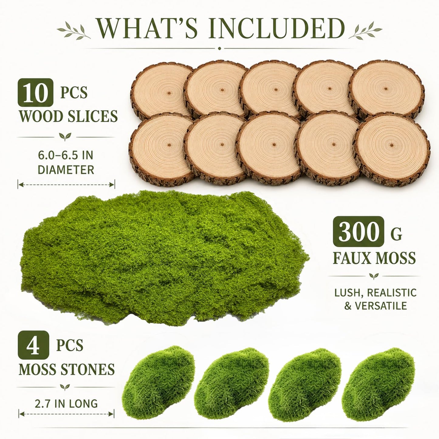 Fbidfoll 10 Wood Slices with Faux Moss, Moss Table Decor Centerpiece Kit