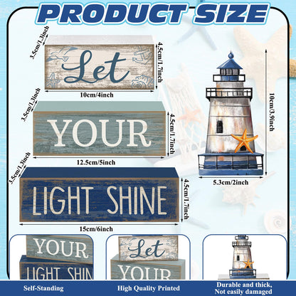 Lineshading 4 Pcs Beach Coastal Table Decor Wooden Lighthouse Decoration with Starfish Summer Tiered Tray Decor Blue and White Ocean Centerpieces Rustic Beach House Nautical Decorations for Home Shelf