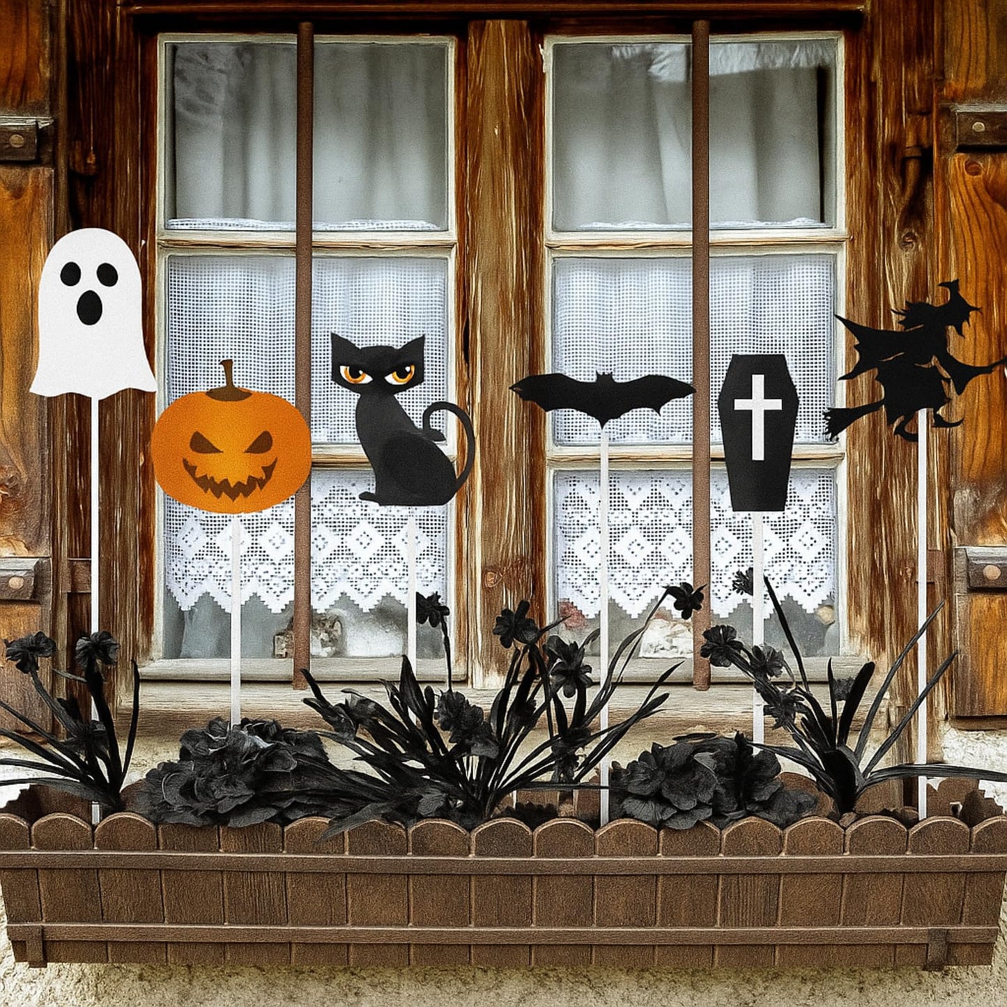 6 Pcs Metal Halloween Planter Stakes 13 Inch Halloween Props Potted Plant Decor Witch Pumpkin Black Cat Tombstone Boo Ghost Bat Garden Metal Stake Table Centerpieces Outdoor Yard Lawn Decorations