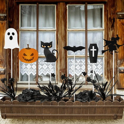 6 Pcs Metal Halloween Planter Stakes 13 Inch Halloween Props Potted Plant Decor Witch Pumpkin Black Cat Tombstone Boo Ghost Bat Garden Metal Stake Table Centerpieces Outdoor Yard Lawn Decorations