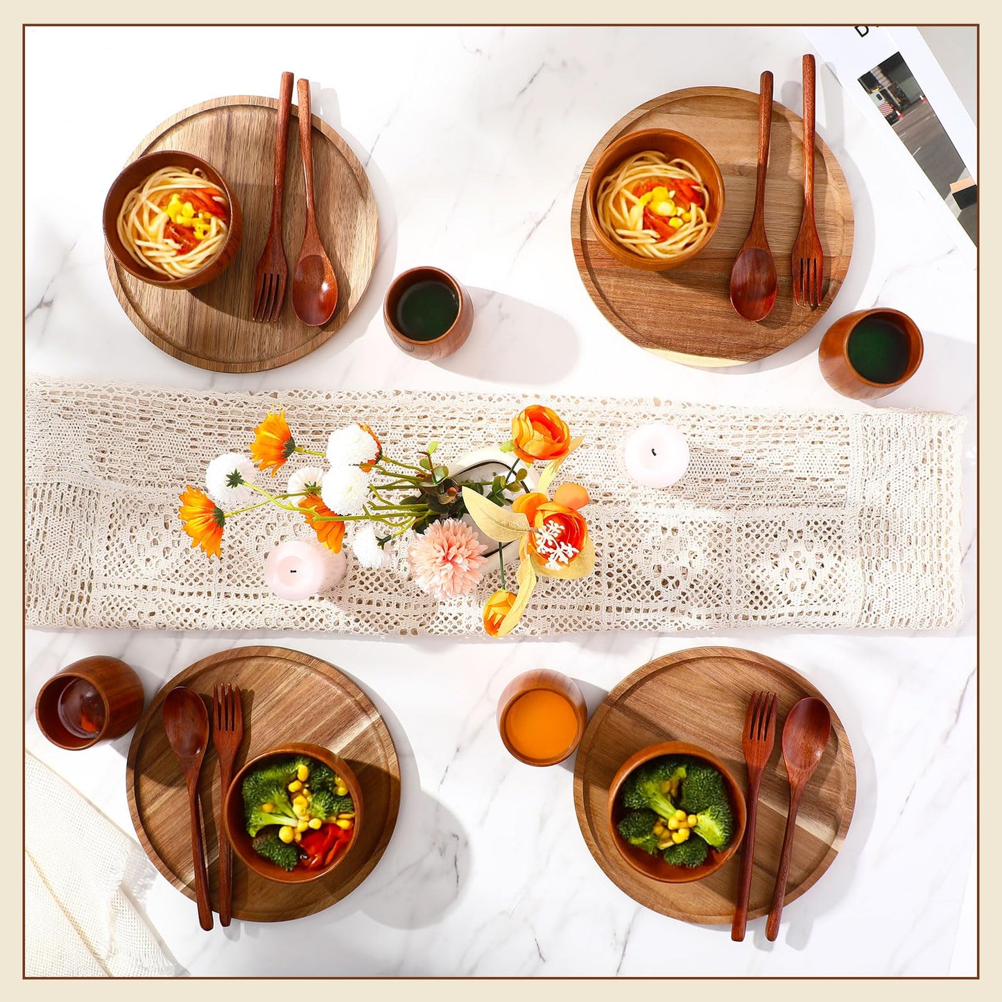 Acellegic 20 Pcs Acacia Wood Dinnerware Set 10 Inch Round Wooden Plates Bowls Tea Cups Fork Spoons Acacia Wood Tableware Supplies Easy Cleaning Lightweight for Dishes Snack Dessert, 4 Set