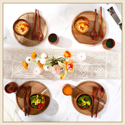 Acellegic 20 Pcs Acacia Wood Dinnerware Set 10 Inch Round Wooden Plates Bowls Tea Cups Fork Spoons Acacia Wood Tableware Supplies Easy Cleaning Lightweight for Dishes Snack Dessert, 4 Set