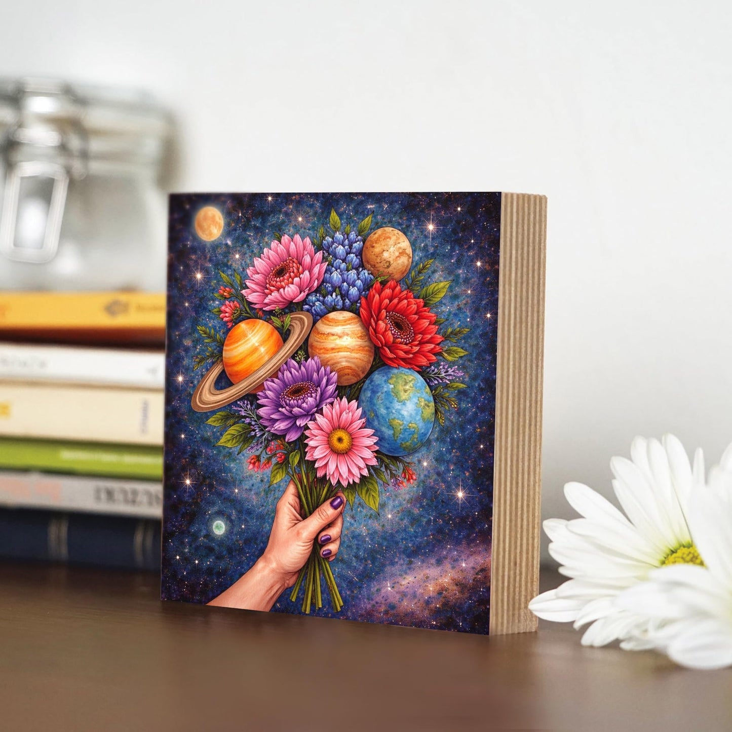 Cosmic Floral Wooden Block Sign, Celestial Flower Bouquet Decor, Galaxy Planet Art Shelf Sitter, Boho Space Table Mantel Tiered Tray Decor Gift for Astronomy Lover