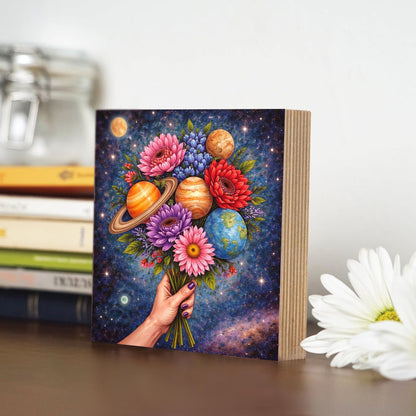 Cosmic Floral Wooden Block Sign, Celestial Flower Bouquet Decor, Galaxy Planet Art Shelf Sitter, Boho Space Table Mantel Tiered Tray Decor Gift for Astronomy Lover