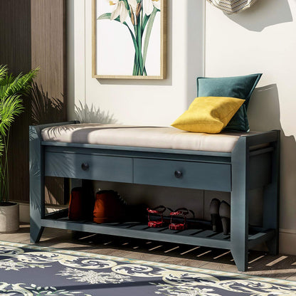 SPOFLYINN Shoe Bench, Entryway Storage Benches with Cushion Seating and Storage Drawers, Multipurpose Wooden Shoe Bench with Bottom Shelf for Entryway Hallway Living Room Bedroom Antique Navy